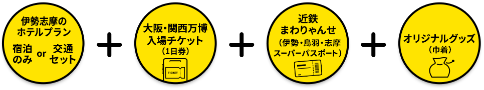 伊勢志摩ホテル宿泊もしくは交通セットプラン+大阪・関西万博入場チケット(1日券)+近鉄まわりゃんせ(伊勢・鳥羽・志摩スーパーパスポート)+オリジナルグッズ(巾着)