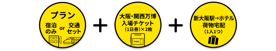 宿泊のみプランもしくは交通セットプラン＋大阪・関西万博入場チケット（1日券）×2枚＋新大阪駅→ホテル荷物宅配（1人1つ）
