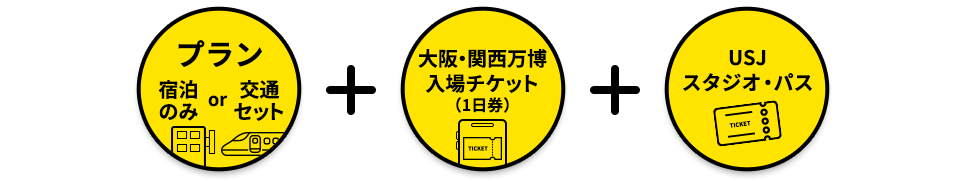 宿泊のみプランもしくは交通セットプラン+大阪・関西万博入場チケット(1日券)+USJスタジオ・パス