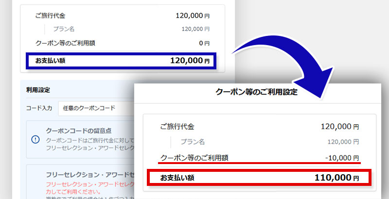 割引が適用された料金が表示されるので、クーポン割引が適用されていることを確認する イメージ