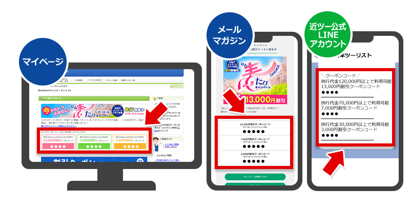 マイページやメールマガジンもしくは近ツー公式LINEアカウント画面に表示された春たびキャンペーンのクーポンコードをメモ（コピー）する