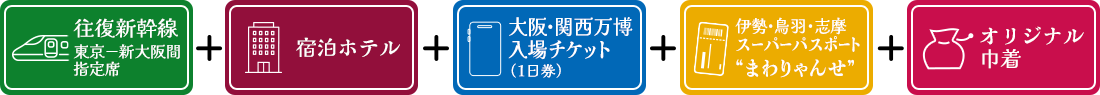 宿泊ホテル＋大阪・関西万博入場チケット（1日券）＋伊勢・鳥羽・志摩スーパーパスポート“まわりゃんせ”＋オリジナルグッズ（巾着）