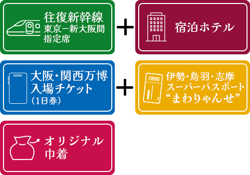 宿泊ホテル＋大阪・関西万博入場チケット（1日券）＋伊勢・鳥羽・志摩スーパーパスポート“まわりゃんせ”＋オリジナルグッズ（巾着）
