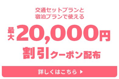 交通セットプランと宿泊プランで使える最大20,000円割引クーポン配布