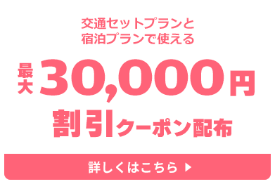 交通セットプランと宿泊プランで使える最大30,000円割引クーポン配布