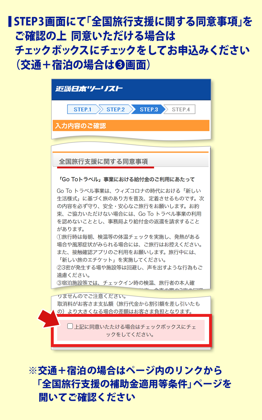 STEP3画面にて「全国旅行支援に関する同意事項」をご確認の上  同意いただける場合はチェックボックスにチェックをしてお申込みください（交通＋宿泊の場合は❸画面）※交通＋宿泊の場合はページ内のリンクから「全国旅行支援の補助金適用等条件」ページを開いてご確認ください